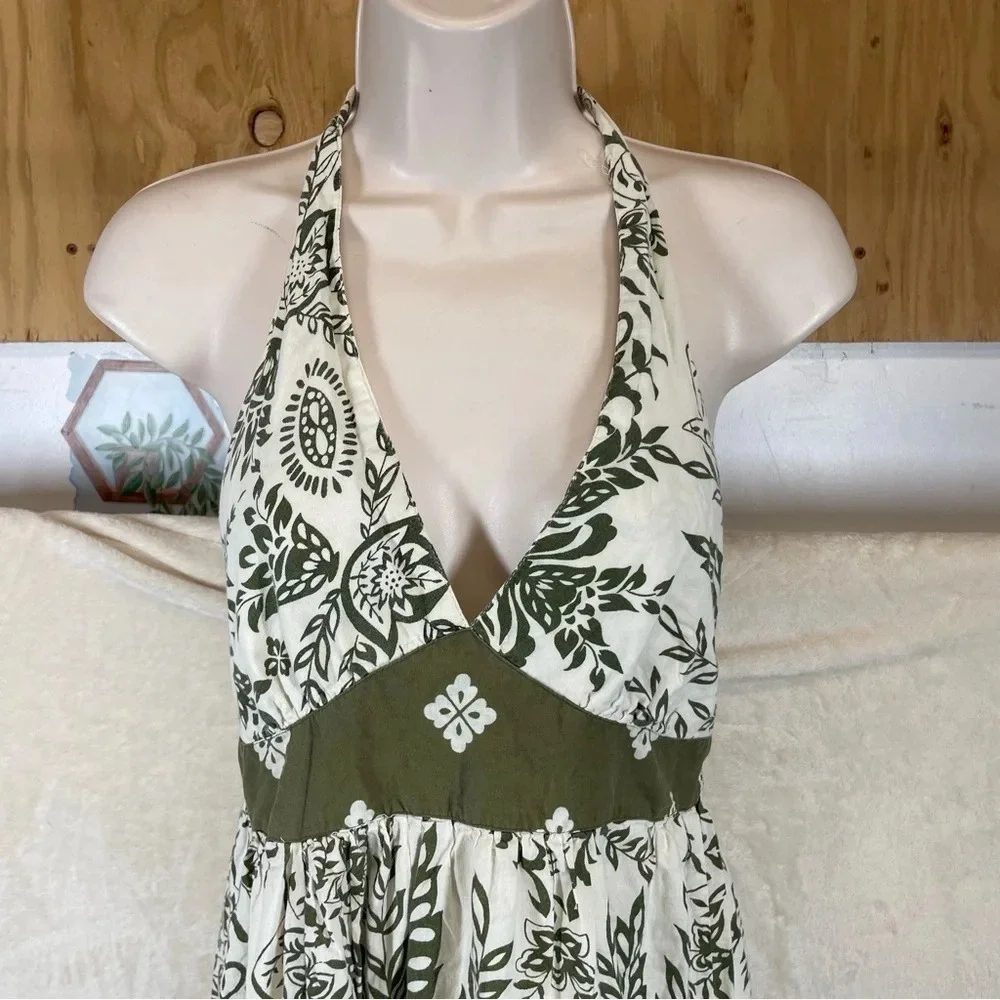 Y2k hippie floral summer midi dress halter neck green cream boho 100% cotton Med